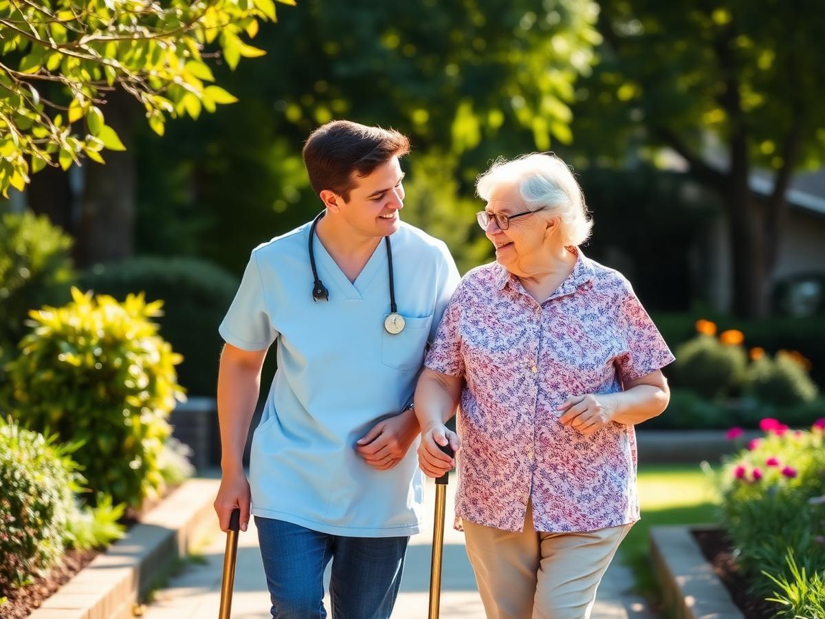 Caregiver walking outdoors with an elderly woman